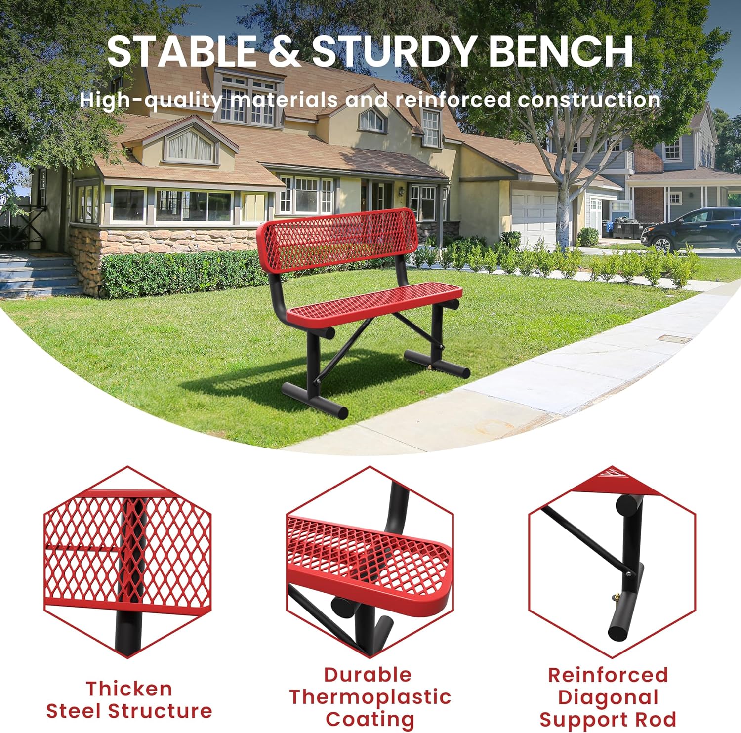 4 Feet Steel Park Bench for Outside, Outdoor Bench with Backrest & Portable Frame, Commercial Benches