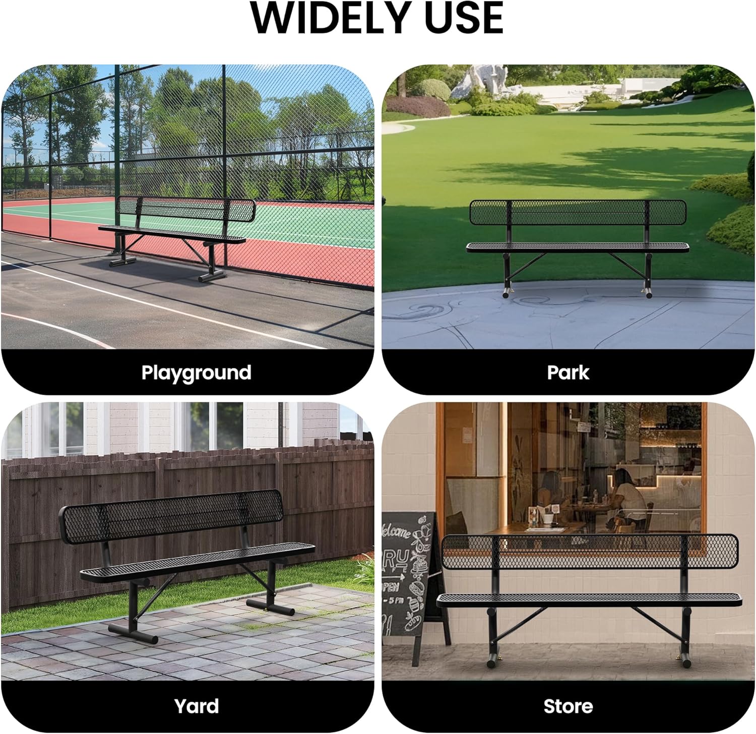 8 Feet Heavy Duty Metal Park Bench for Outside, Outdoor Bench with Backrest & Portable Frame