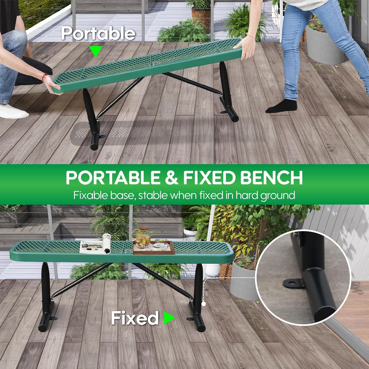 6 Feet Heavy Duty Metal Park Bench for Outside, Outdoor Bench with Portable Frame, Commercial Benches for Shopping Mall, Store, Park, Patio, Deck