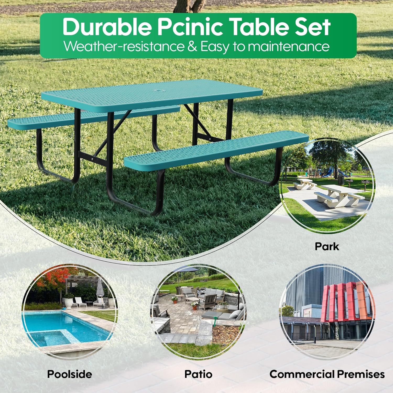 4FT Metal Picnic Tables for Outdoors, Commercial Rectangular Picnic Table and Bench Set
