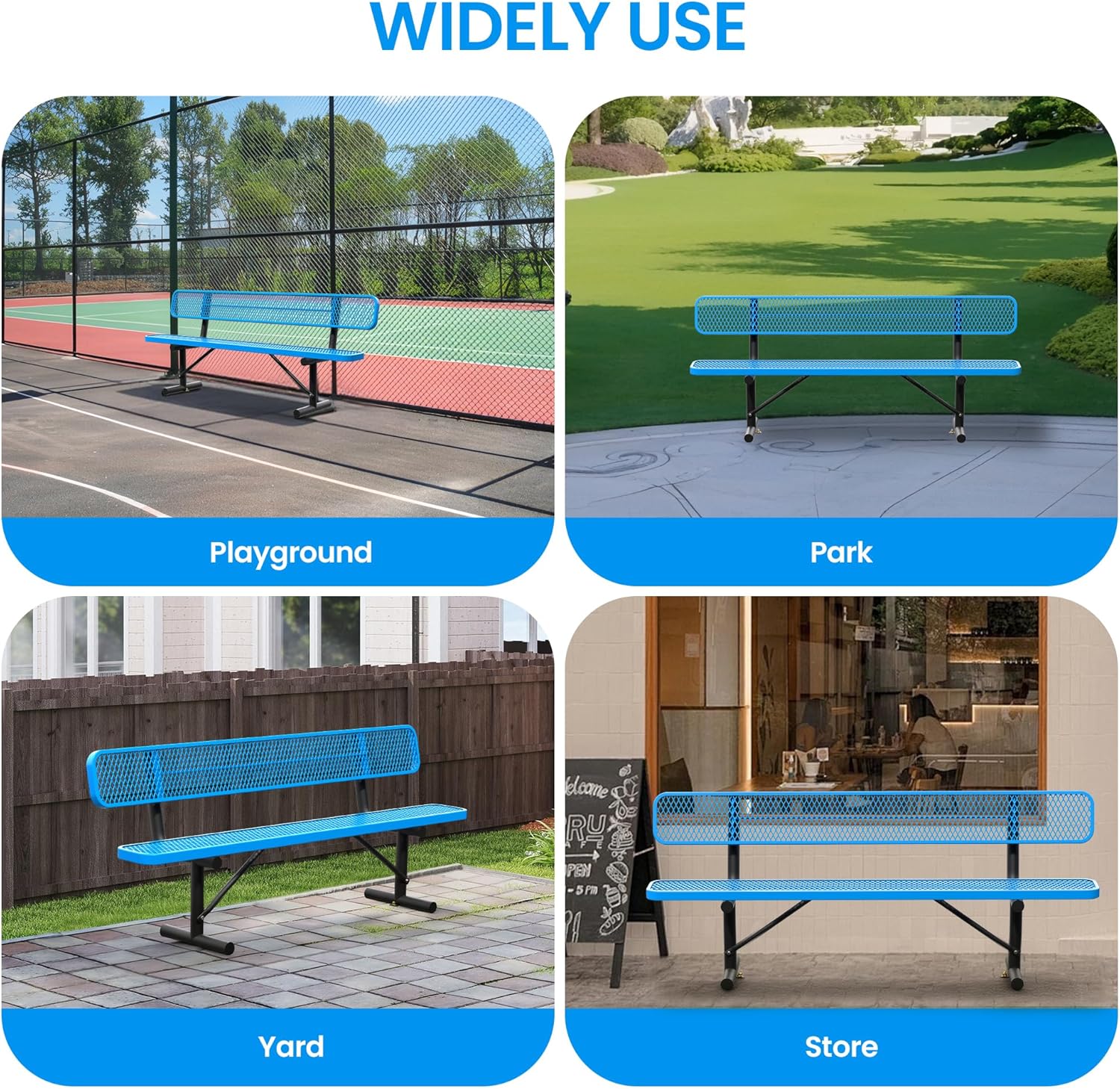 8 FT Steel Park Bench for Outside, Outdoor Bench with Backrest & Portable Frame, Thermoplastic Coating