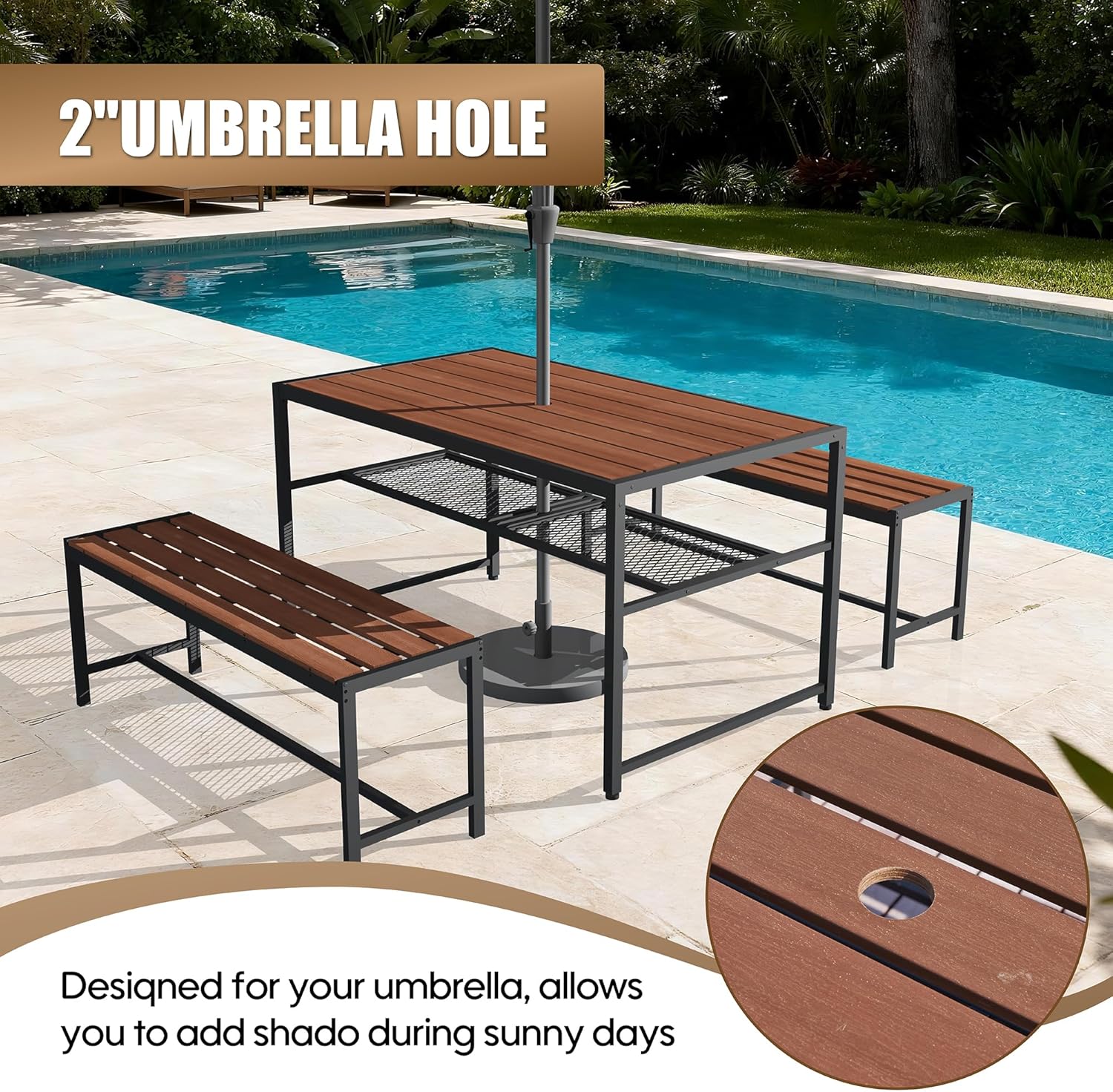 55'' Outdoor Picnic Table and Bench Set with 2" Umbrella Hole and Storage Shelf, Patio Dining Set for 6 People