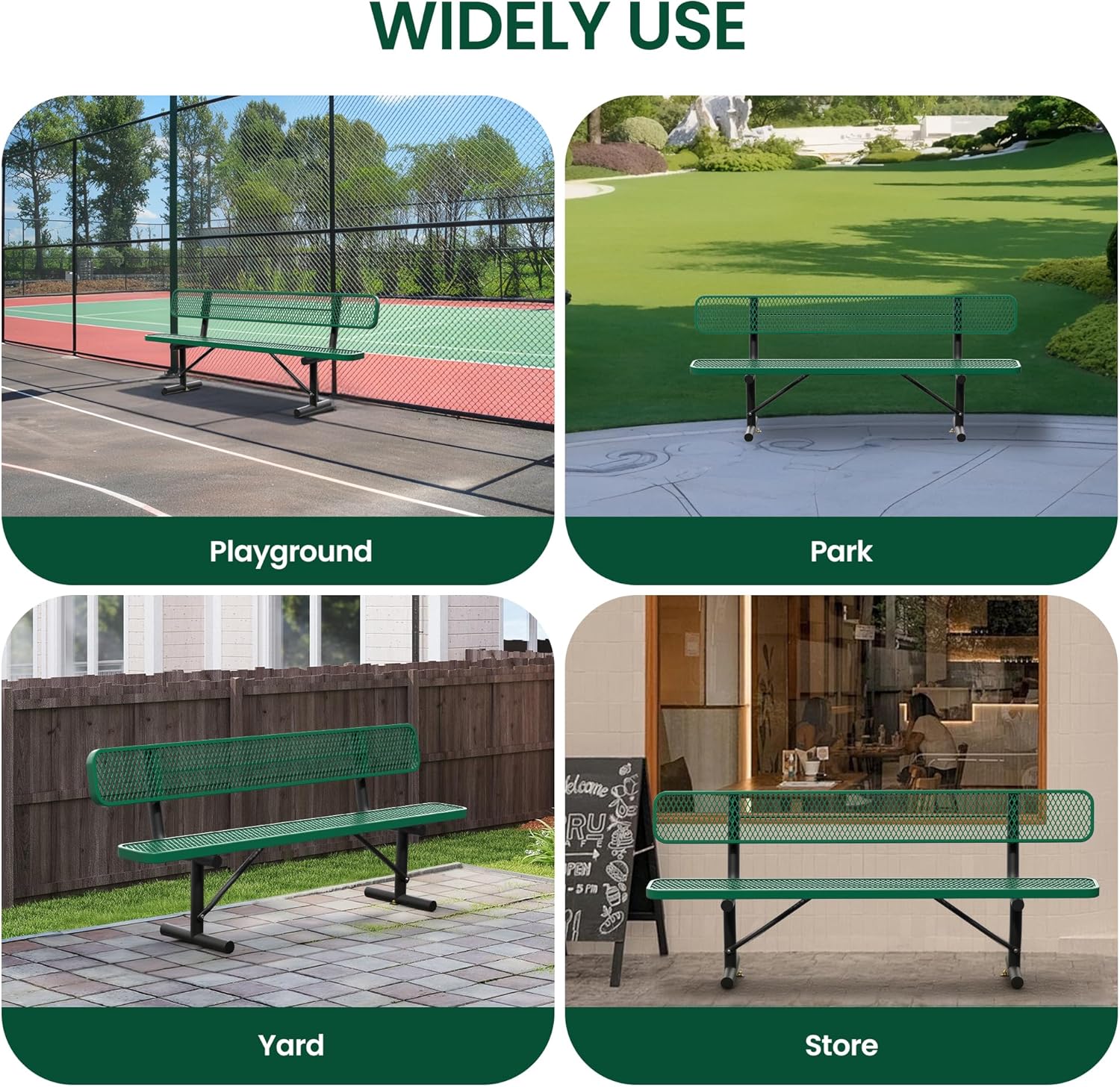 8 Feet Steel Park Bench for Outside, Outdoor Bench with Backrest & Portable Frame, Commercial Benches for Shopping Malls