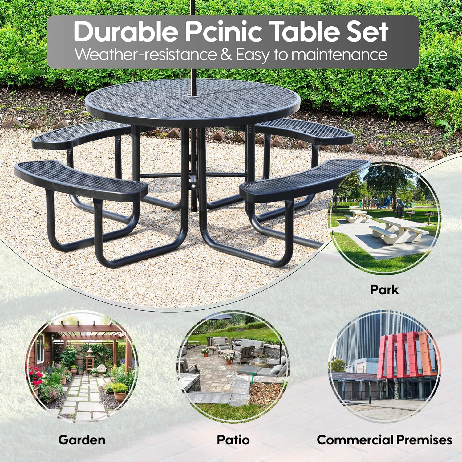 8-Person Picnic Tables for Outdoors, Industrial 46" Expanded Metal Round Picnic Table
