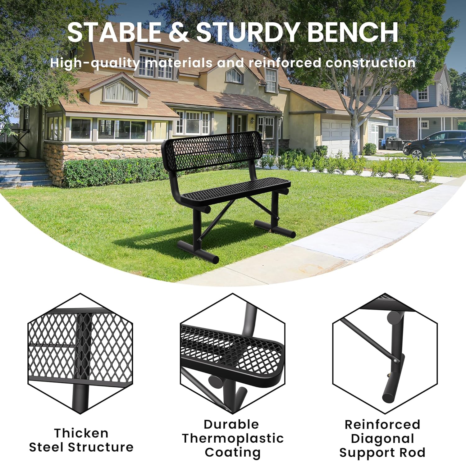 4 Feet Heavy Duty Metal Park Bench for Outside, Outdoor Bench with Backrest & Portable Frame