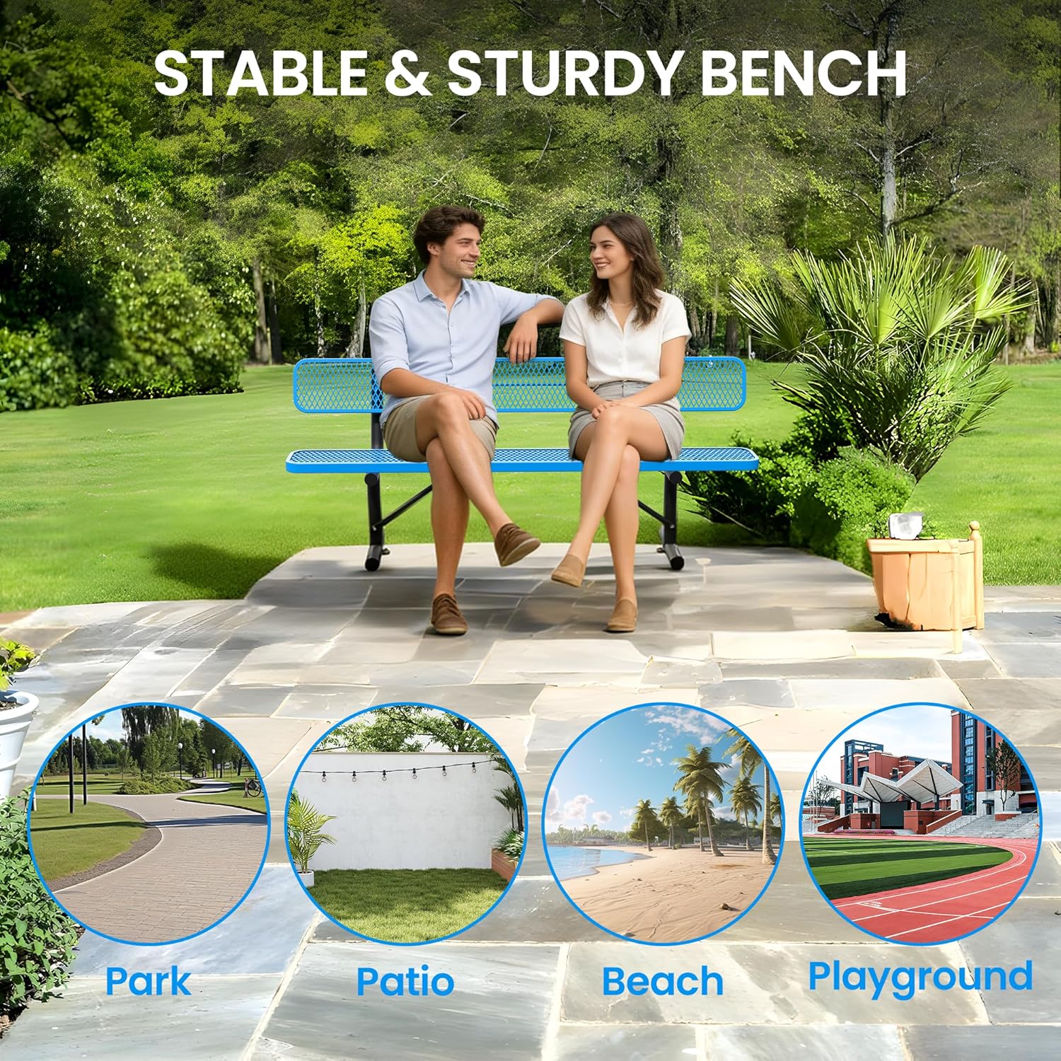 8 FT Steel Park Bench for Outside, Outdoor Bench with Backrest & Portable Frame, Thermoplastic Coating