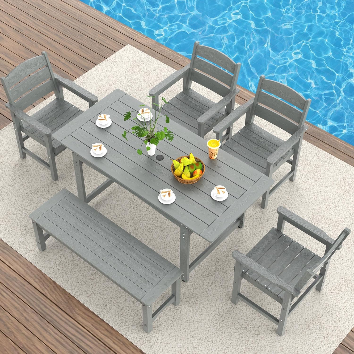 6-Piece HIPS Patio Dining Set, Outdoor Dining Table and Chairs Set with Umbrella Hole, Weatherproof Dining Table Set for 6 Person