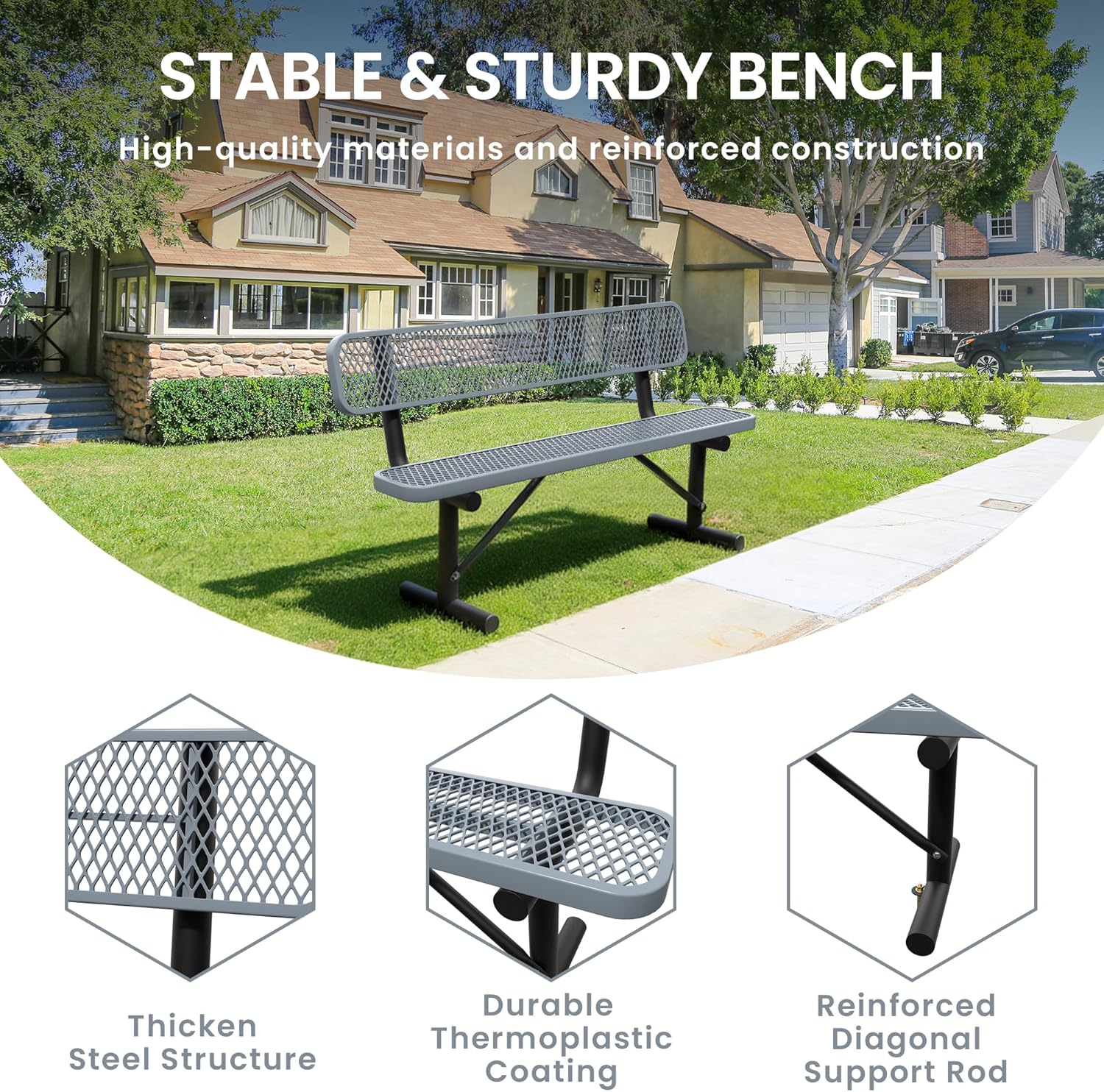 6 Feet Steel Park Bench for Outside, Outdoor Bench with Backrest & Portable Frame