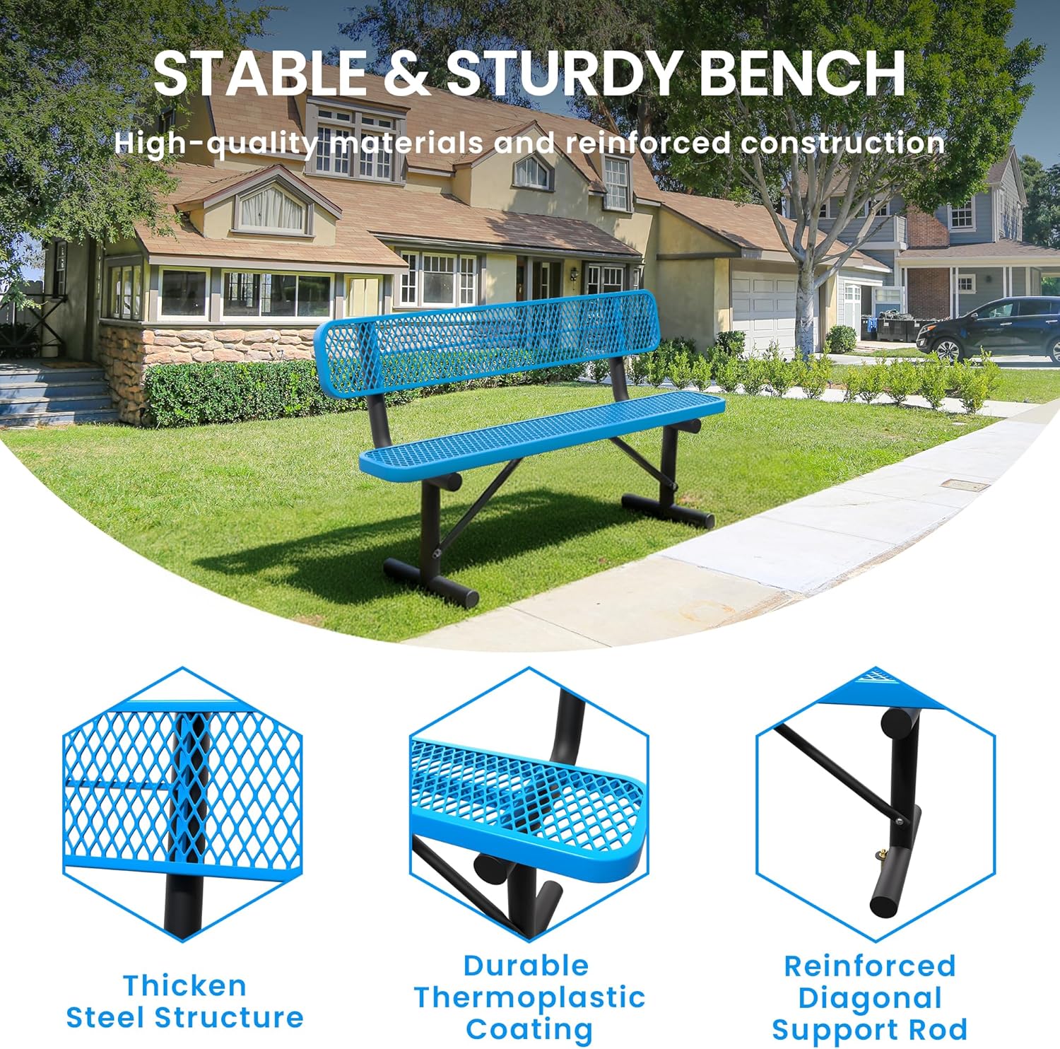 6 FT Steel Park Bench for Outside, Outdoor Bench with Backrest & Portable Frame, Thermoplastic Coating, Commercial Benches