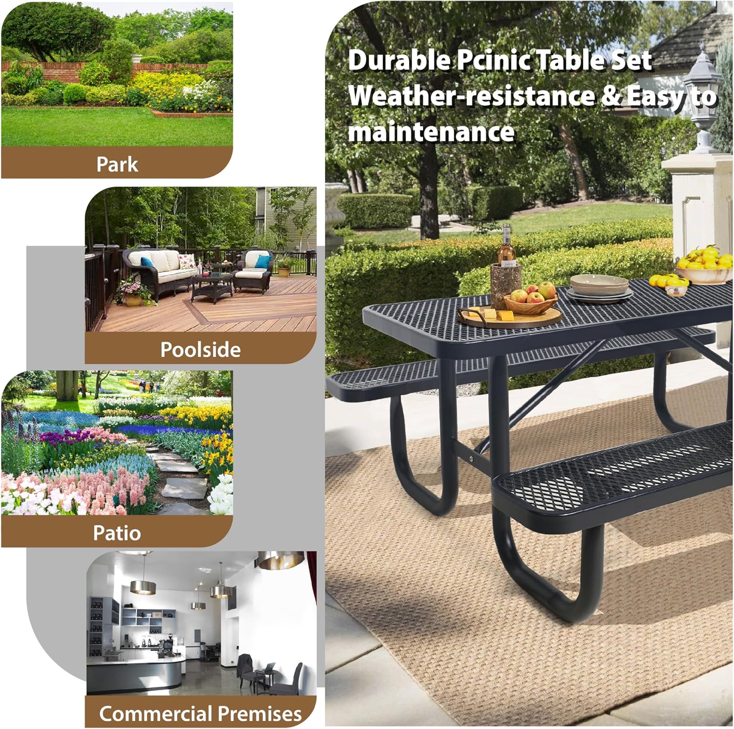 4FT Metal Picnic Tables for Outdoors, Commercial Rectangular Picnic Table and Bench Set for Outside