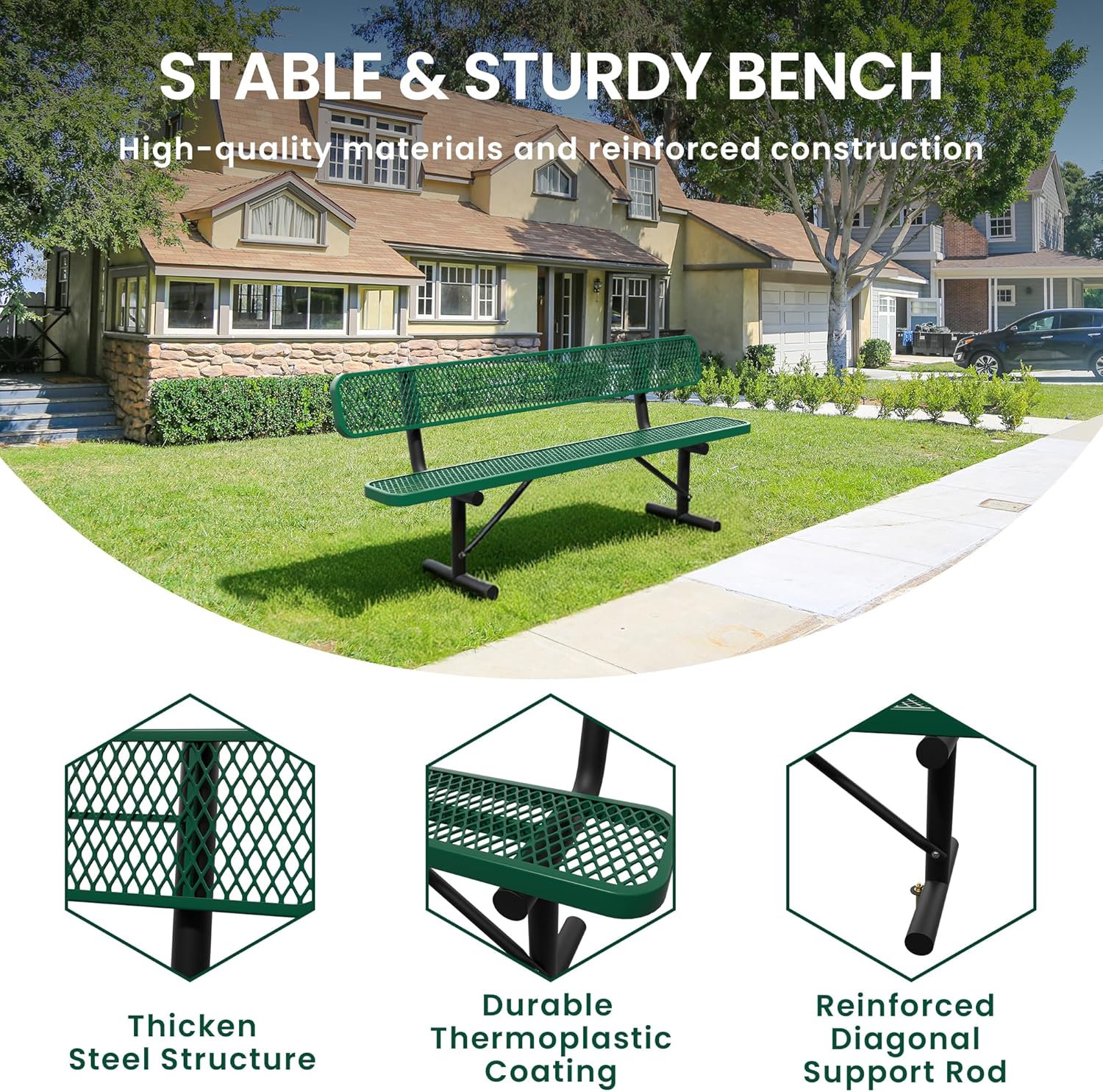 8 Feet Steel Park Bench for Outside, Outdoor Bench with Backrest & Portable Frame, Commercial Benches for Shopping Malls