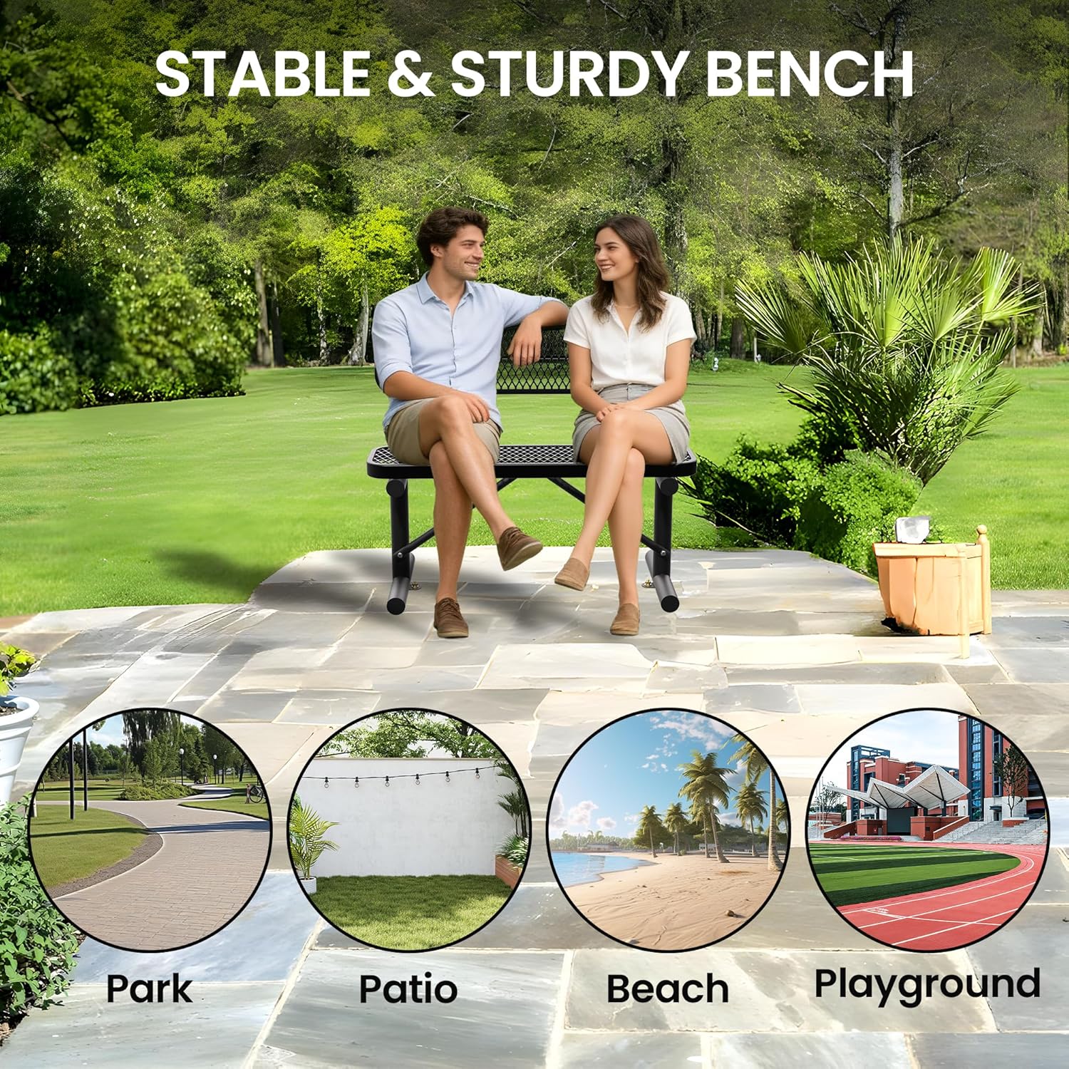 4 Feet Heavy Duty Metal Park Bench for Outside, Outdoor Bench with Backrest & Portable Frame