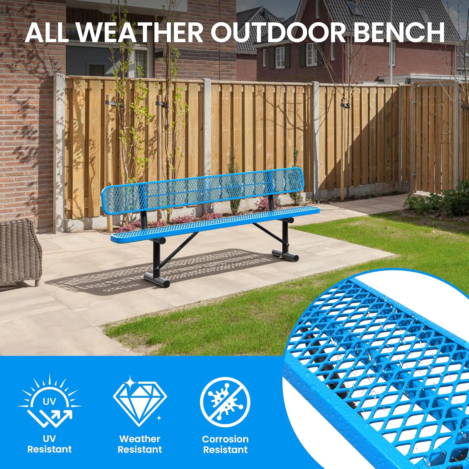 8 FT Steel Park Bench for Outside, Outdoor Bench with Backrest & Portable Frame, Thermoplastic Coating