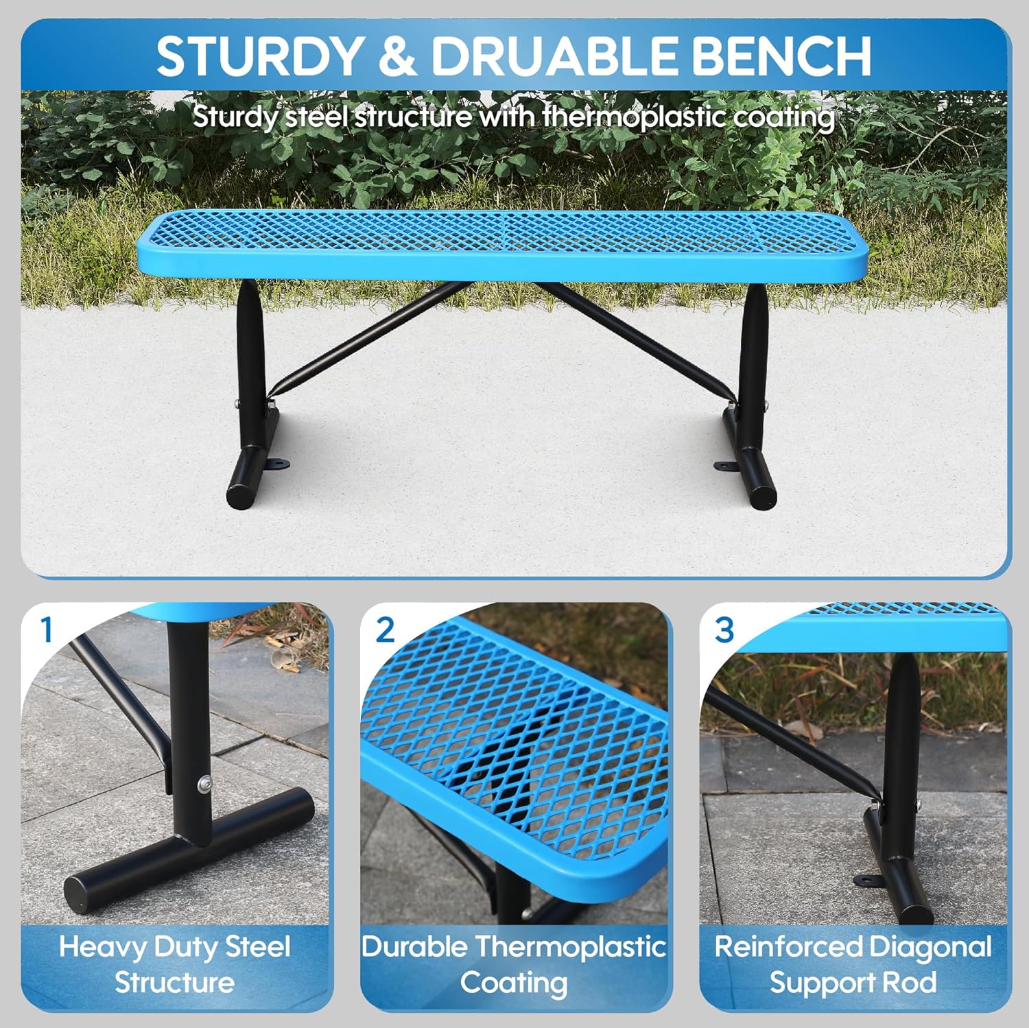 6 Feet Heavy Duty Metal Park Bench for Outside, Outdoor Bench with Portable Frame, Commercial Benches