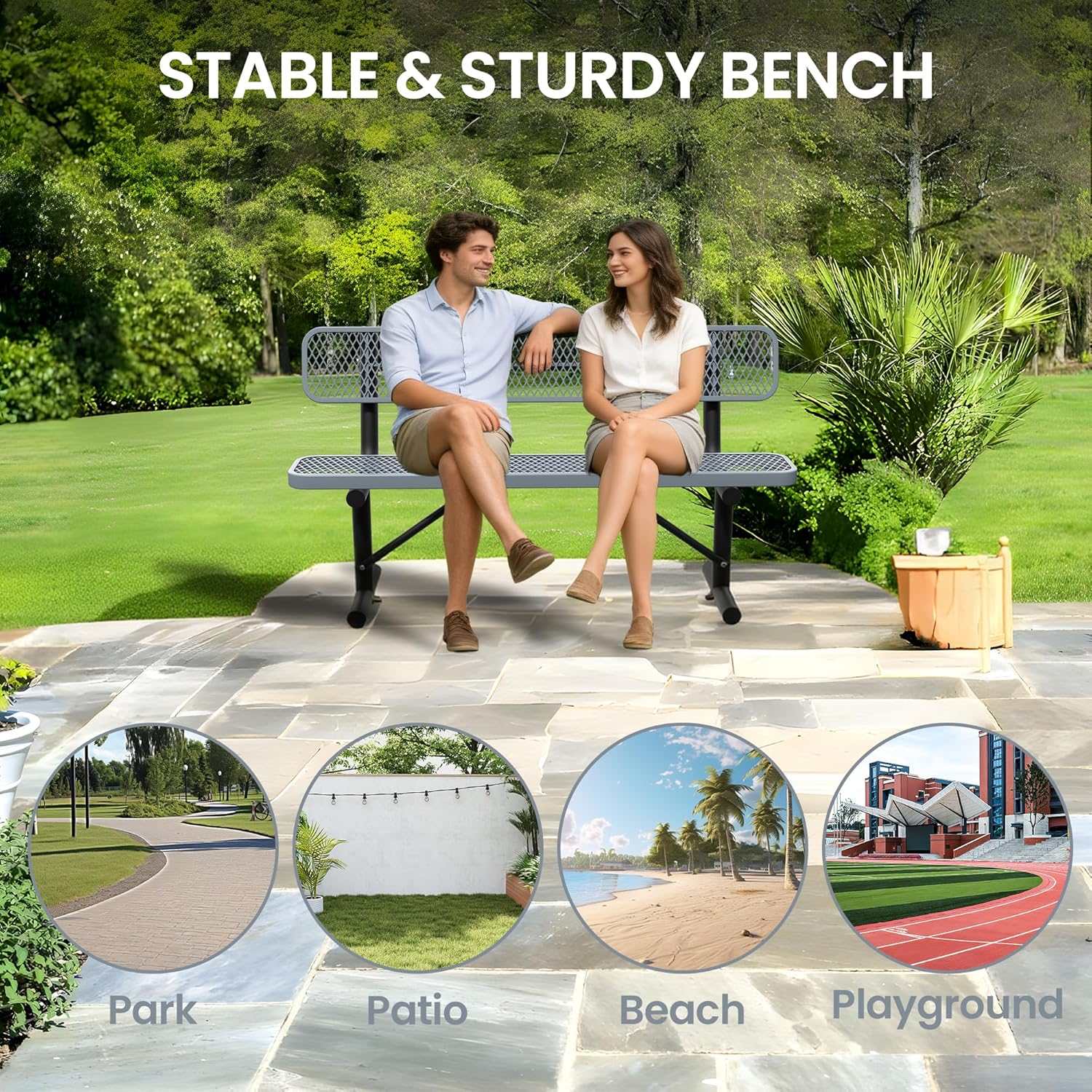 6 Feet Steel Park Bench for Outside, Outdoor Bench with Backrest & Portable Frame