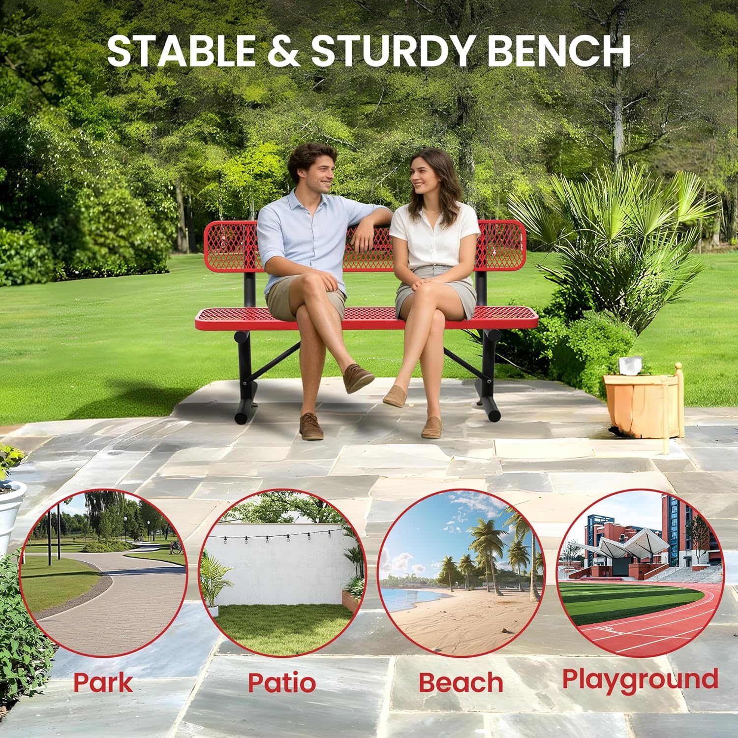 6 Feet Steel Park Bench for Outside, Outdoor Bench with Backrest & Portable Frame