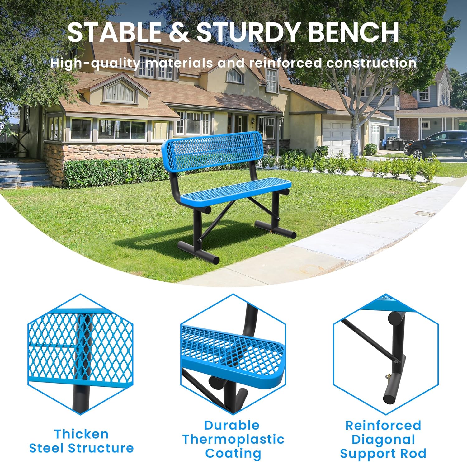 4 Feet Steel Metal Park Bench for Outside, Outdoor Bench with Backrest & Portable Frame, Thermoplastic Coating