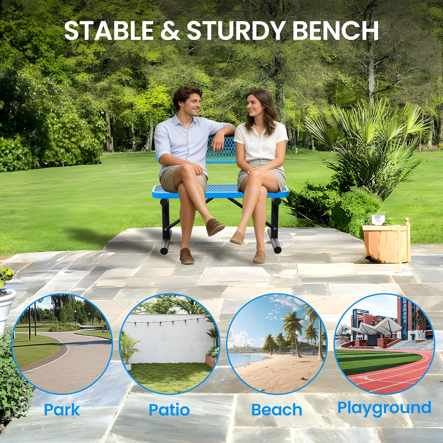 4 Feet Steel Metal Park Bench for Outside, Outdoor Bench with Backrest & Portable Frame, Thermoplastic Coating