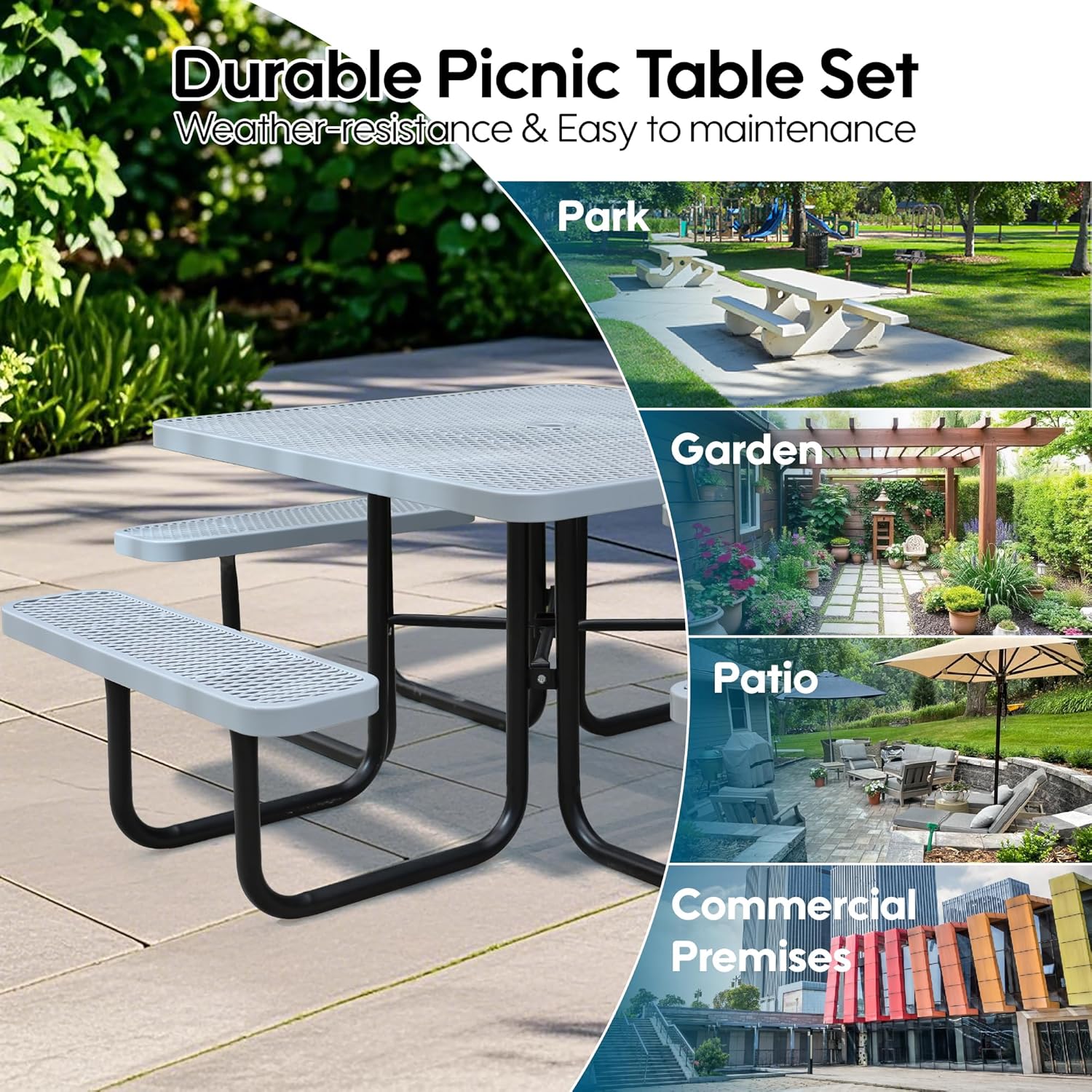 8-Person Picnic Tables for Outdoors, Industrial 46" Expanded Metal Square Picnic Table with 4 Benches & Umbrella Hole