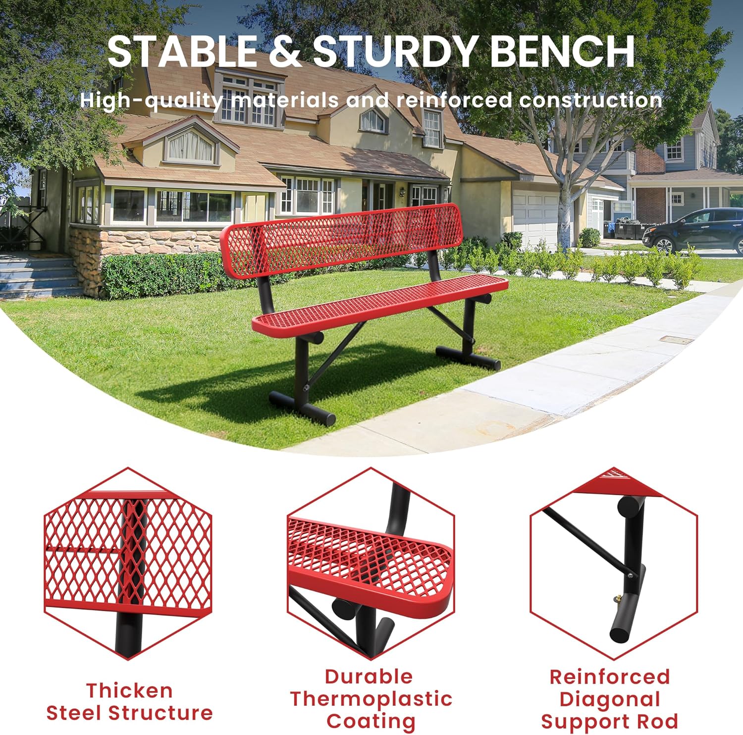 6 Feet Steel Park Bench for Outside, Outdoor Bench with Backrest & Portable Frame