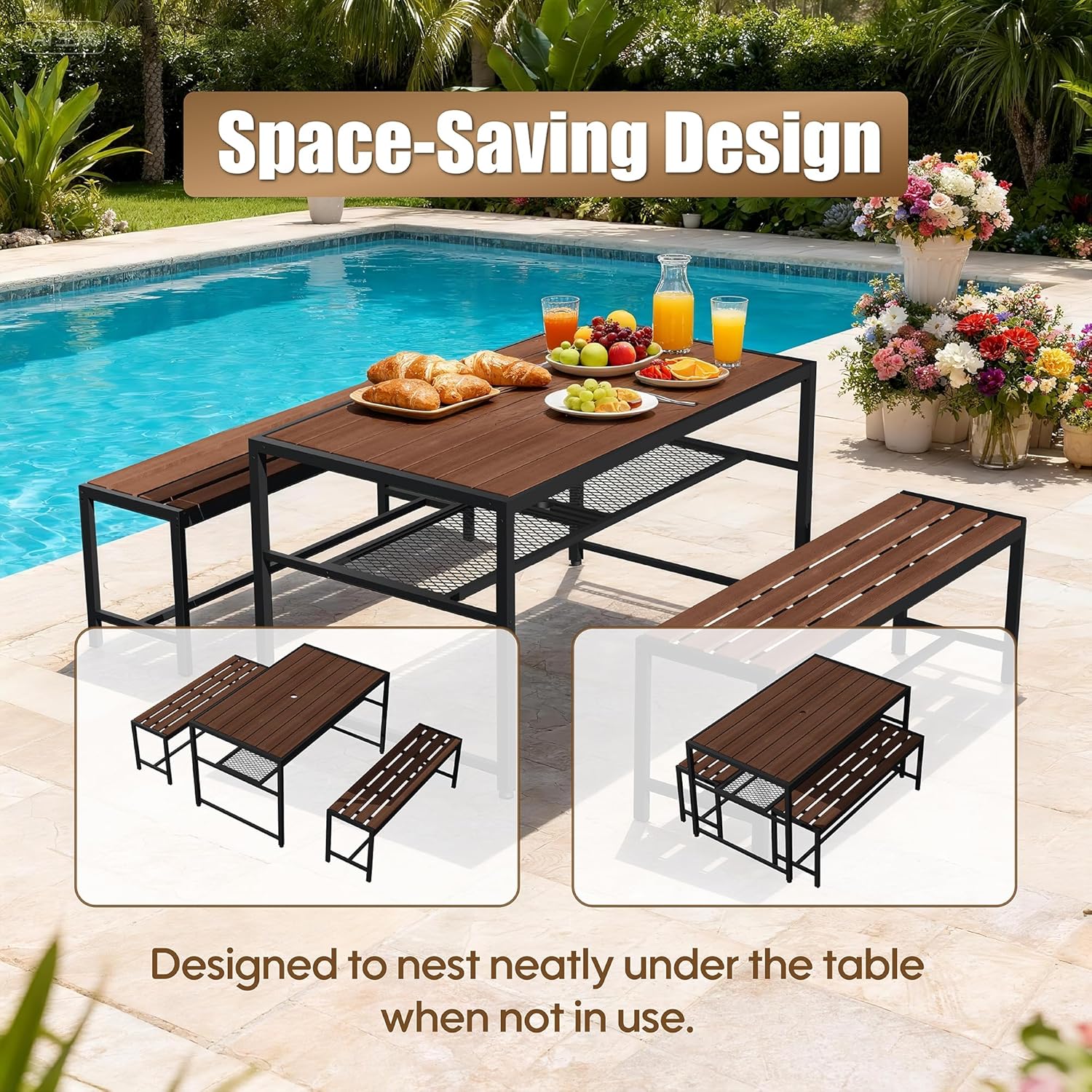 55'' Outdoor Picnic Table and Bench Set with 2" Umbrella Hole and Storage Shelf, Patio Dining Set for 6 People