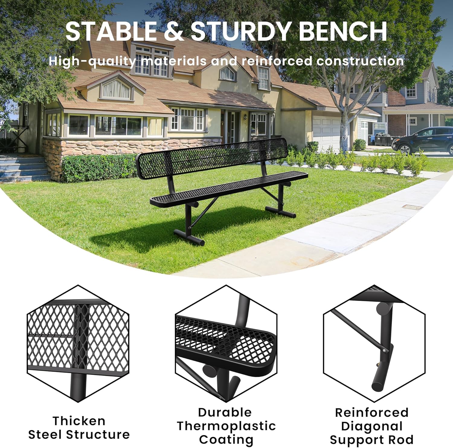 8 Feet Heavy Duty Metal Park Bench for Outside, Outdoor Bench with Backrest & Portable Frame