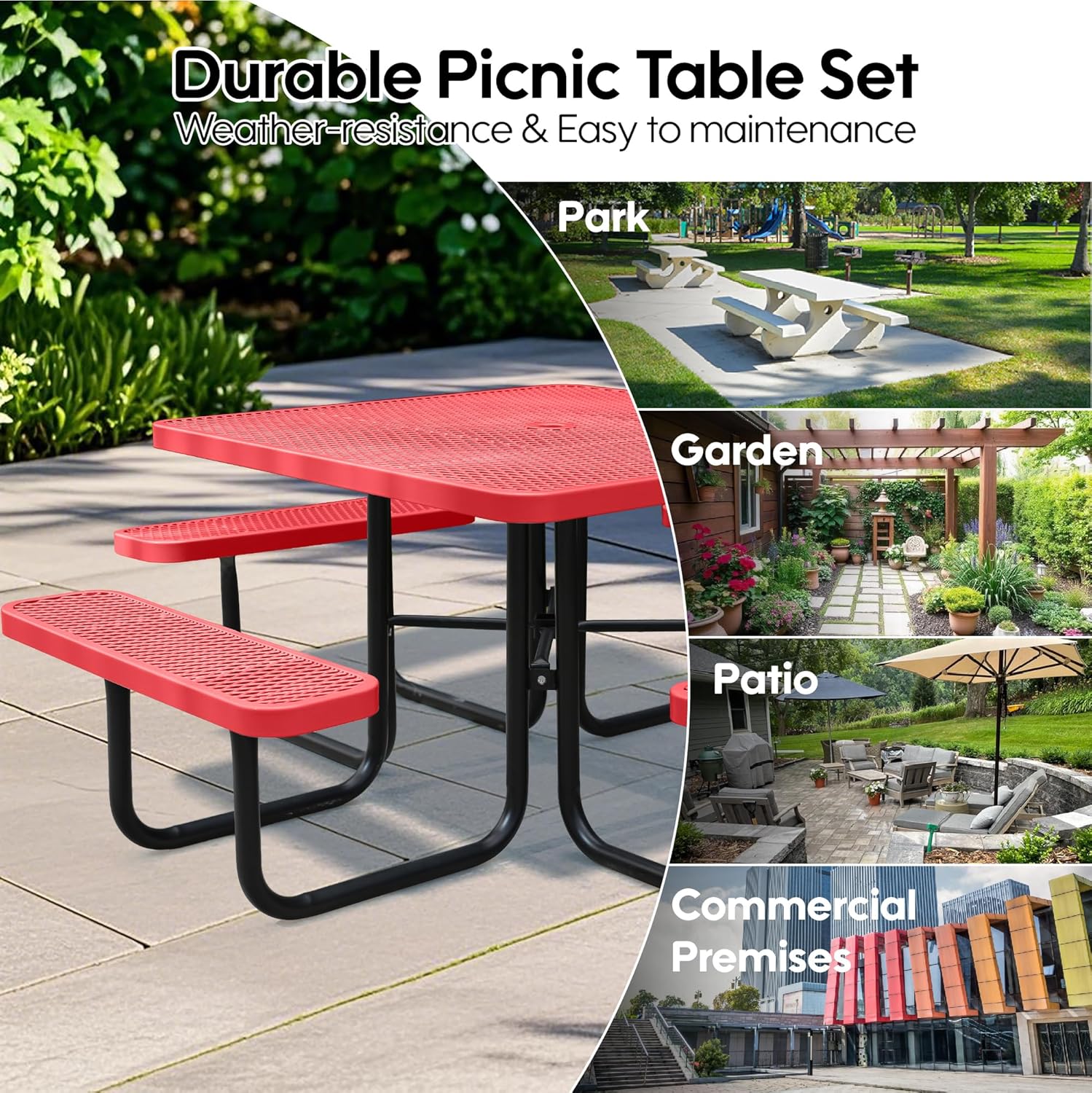8-Person Picnic Tables for Outdoors, Industrial 46" Expanded Metal Square Picnic Table with 4 Benches & Umbrella Hole