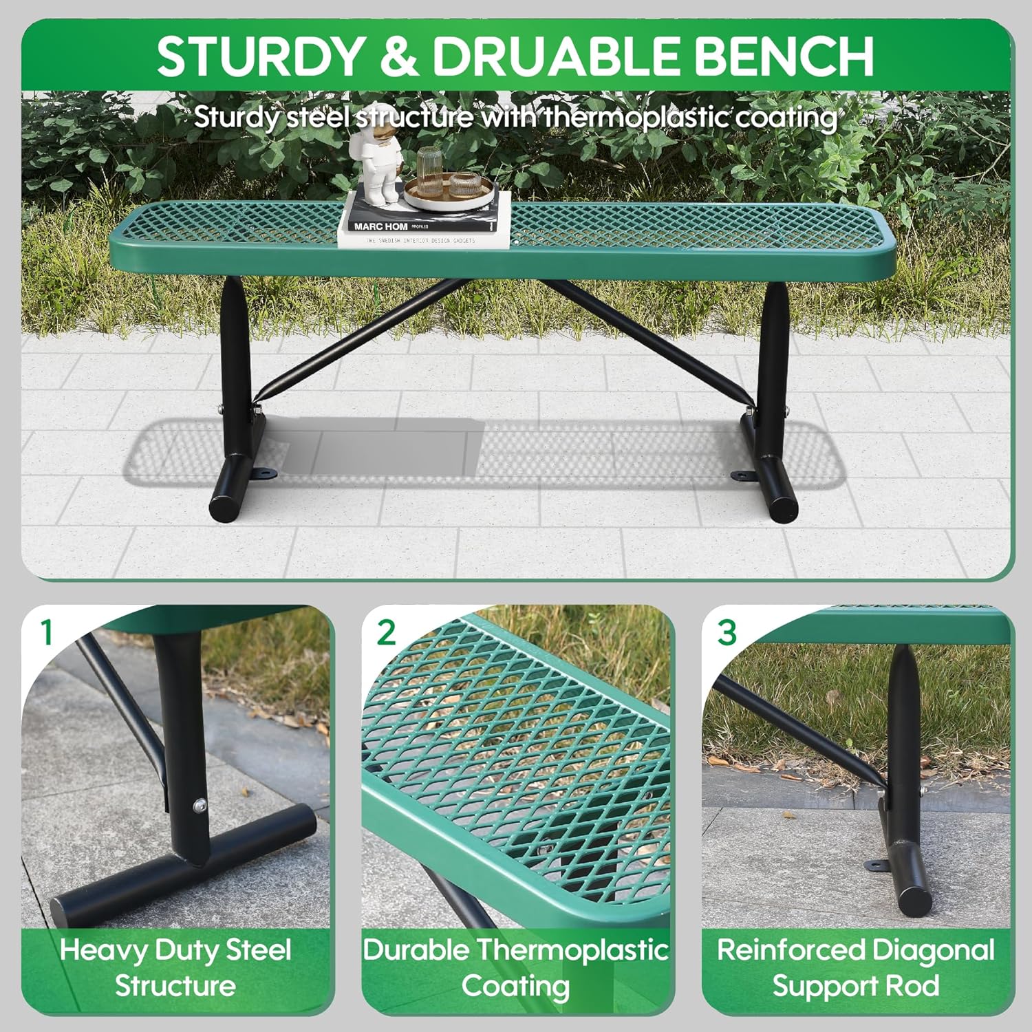 6 Feet Heavy Duty Metal Park Bench for Outside, Outdoor Bench with Portable Frame, Commercial Benches for Shopping Mall, Store, Park, Patio, Deck