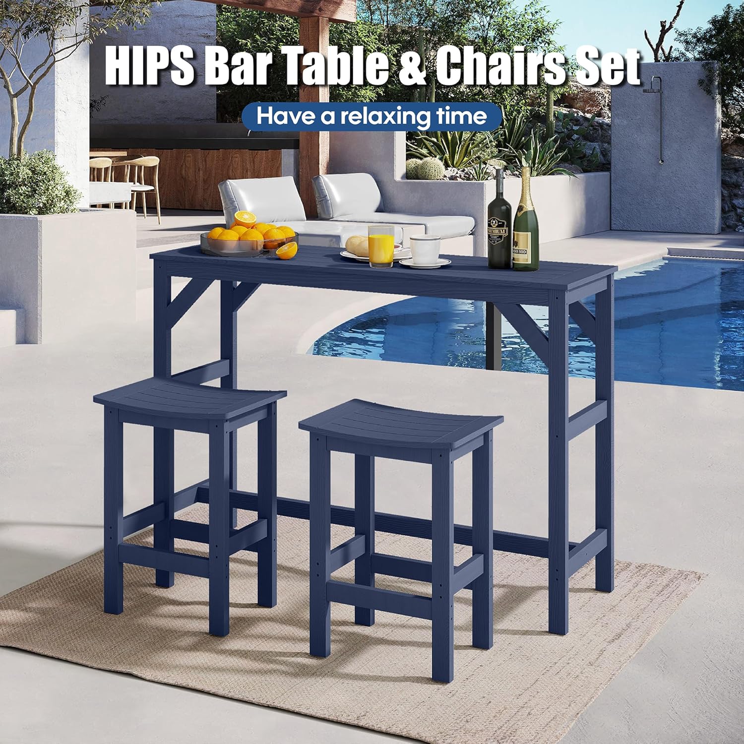 3Pcs HIPS Outdoor Patio Bar Set, All Weather HIPS Bar Table and Chairs Set for Outside, 55" Rectangular High Top Bar Table with 2 Bar Stools