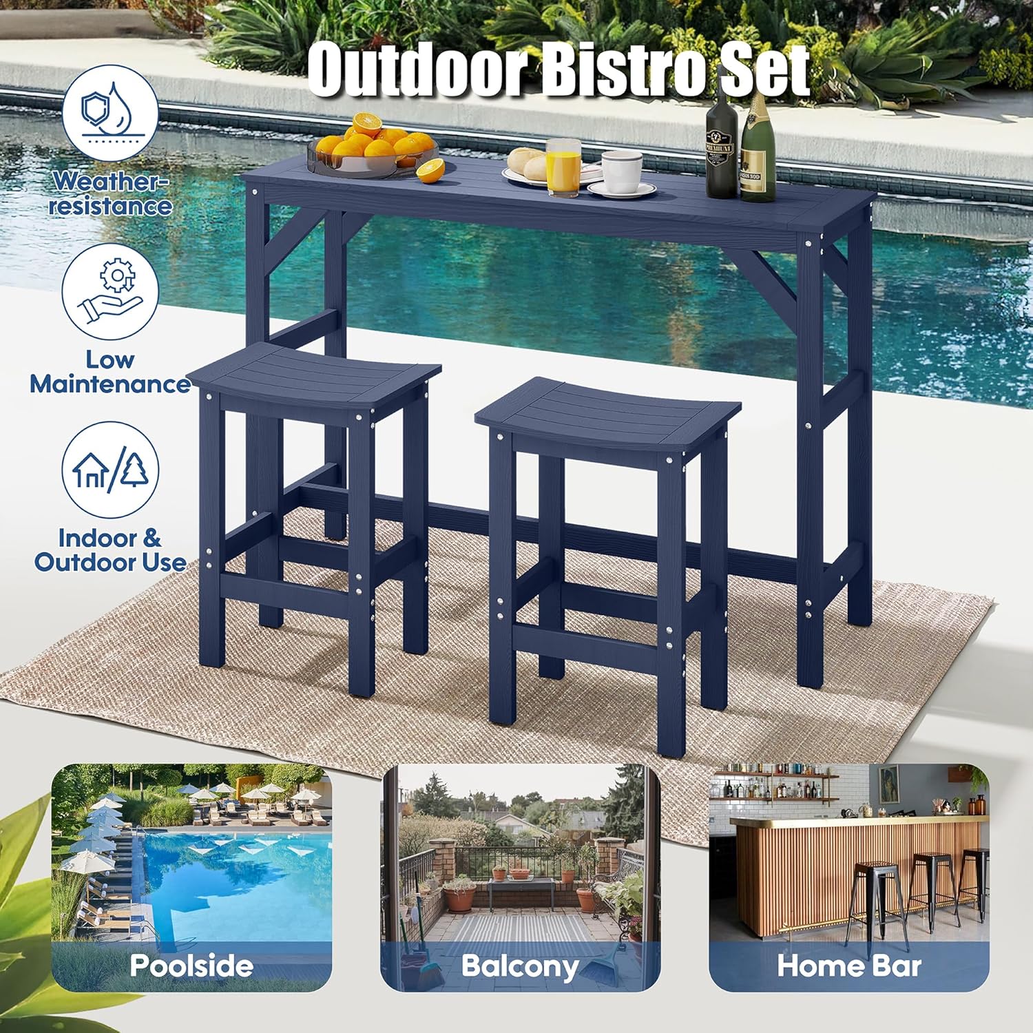 3Pcs HIPS Outdoor Patio Bar Set, All Weather HIPS Bar Table and Chairs Set for Outside, 55" Rectangular High Top Bar Table with 2 Bar Stools