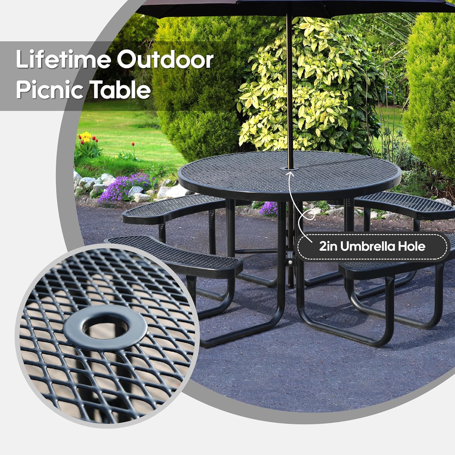 8-Person Picnic Tables for Outdoors, Industrial 46" Expanded Metal Round Picnic Table