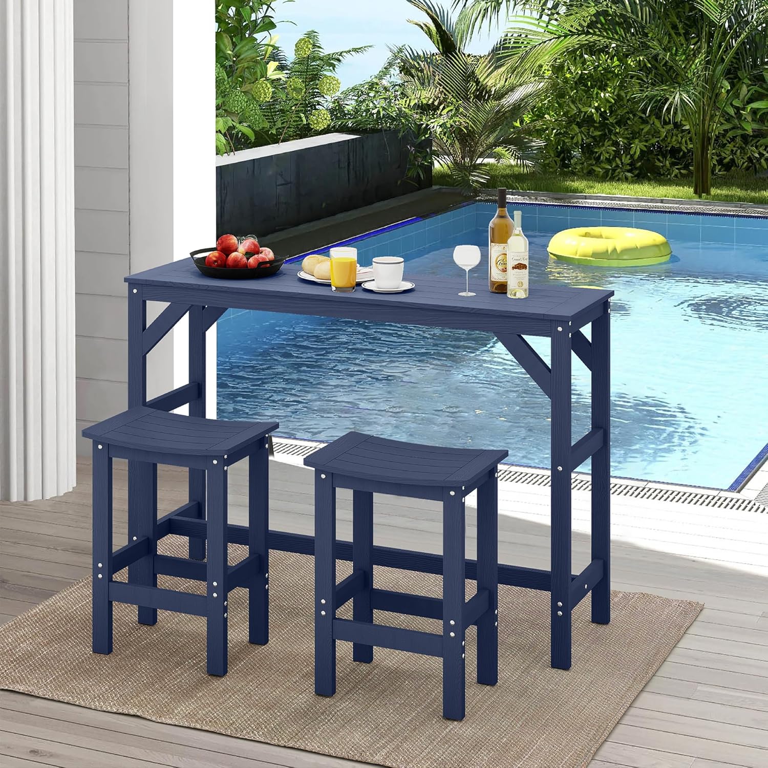 3Pcs HIPS Outdoor Patio Bar Set, All Weather HIPS Bar Table and Chairs Set for Outside, 55" Rectangular High Top Bar Table with 2 Bar Stools