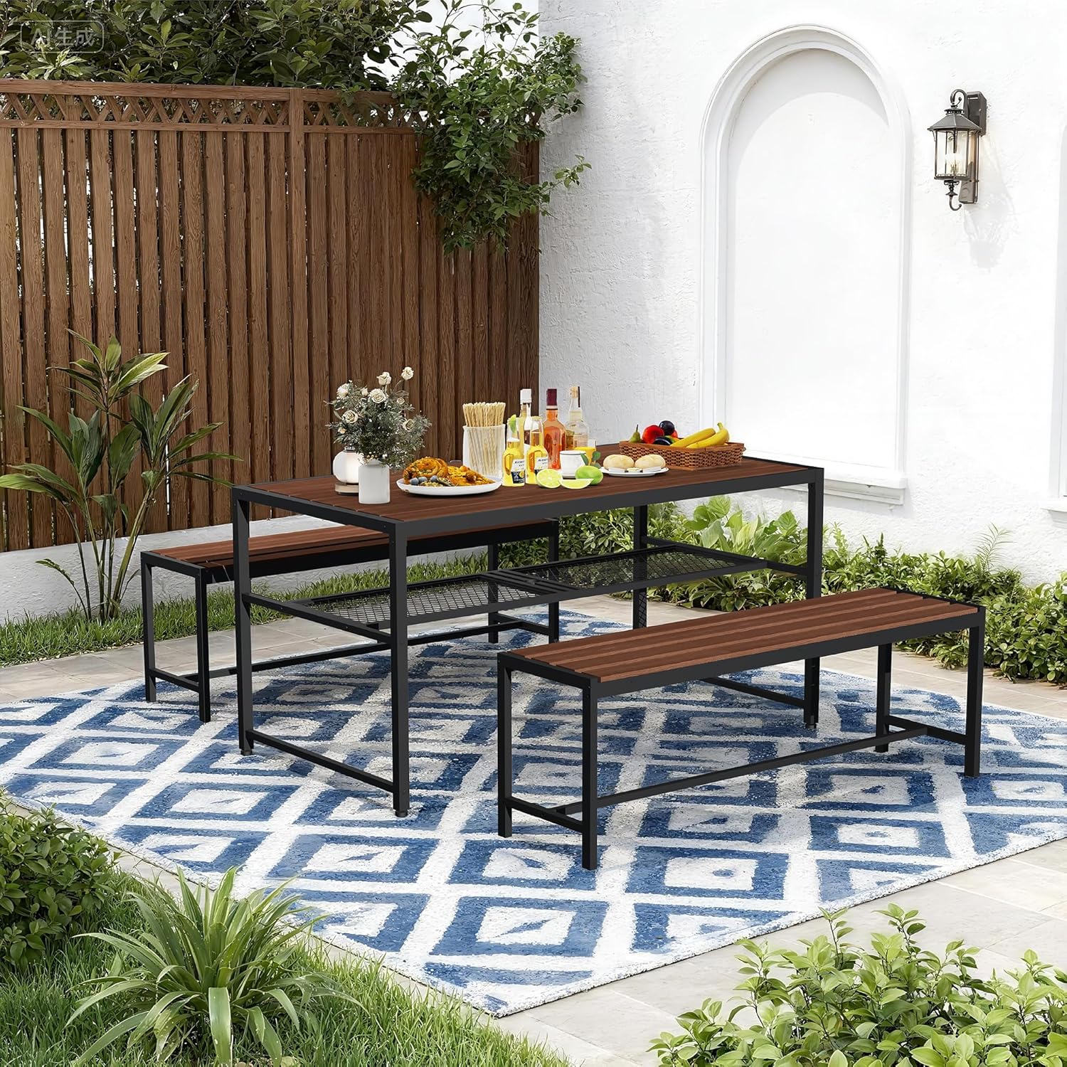 55'' Outdoor Picnic Table and Bench Set with 2" Umbrella Hole and Storage Shelf, Patio Dining Set for 6 People