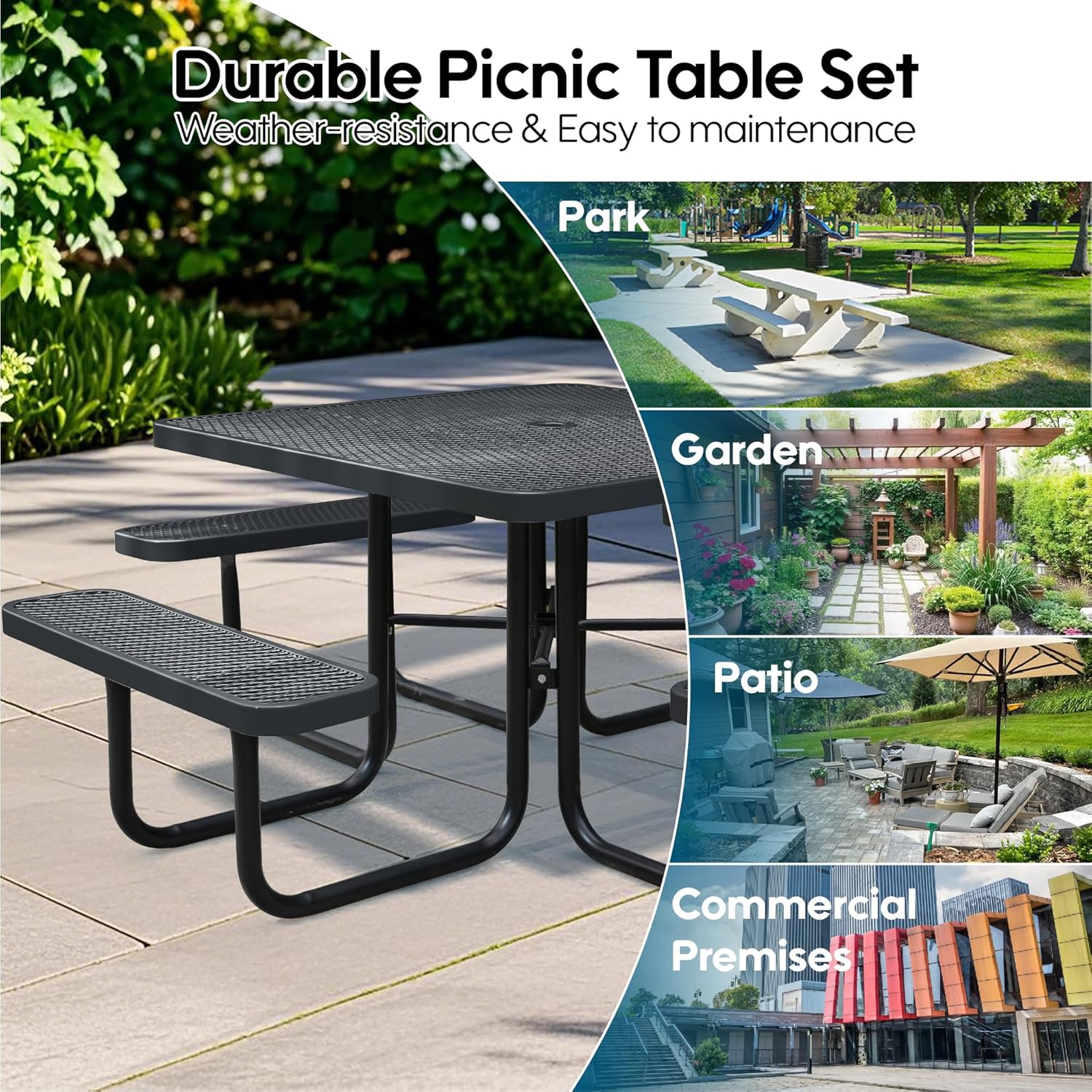 8-Person Picnic Tables for Outdoors, Industrial 46" Expanded Metal Square Picnic Table with 4 Benches & Umbrella Hole