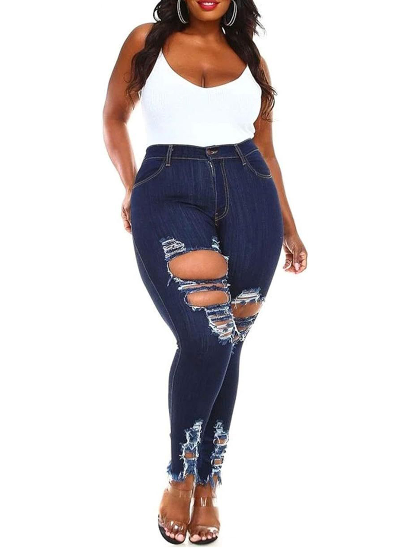 Women’s Plus Size Blue Denim Ripped Jean, Wide Leg Cotton Jeans Pants
