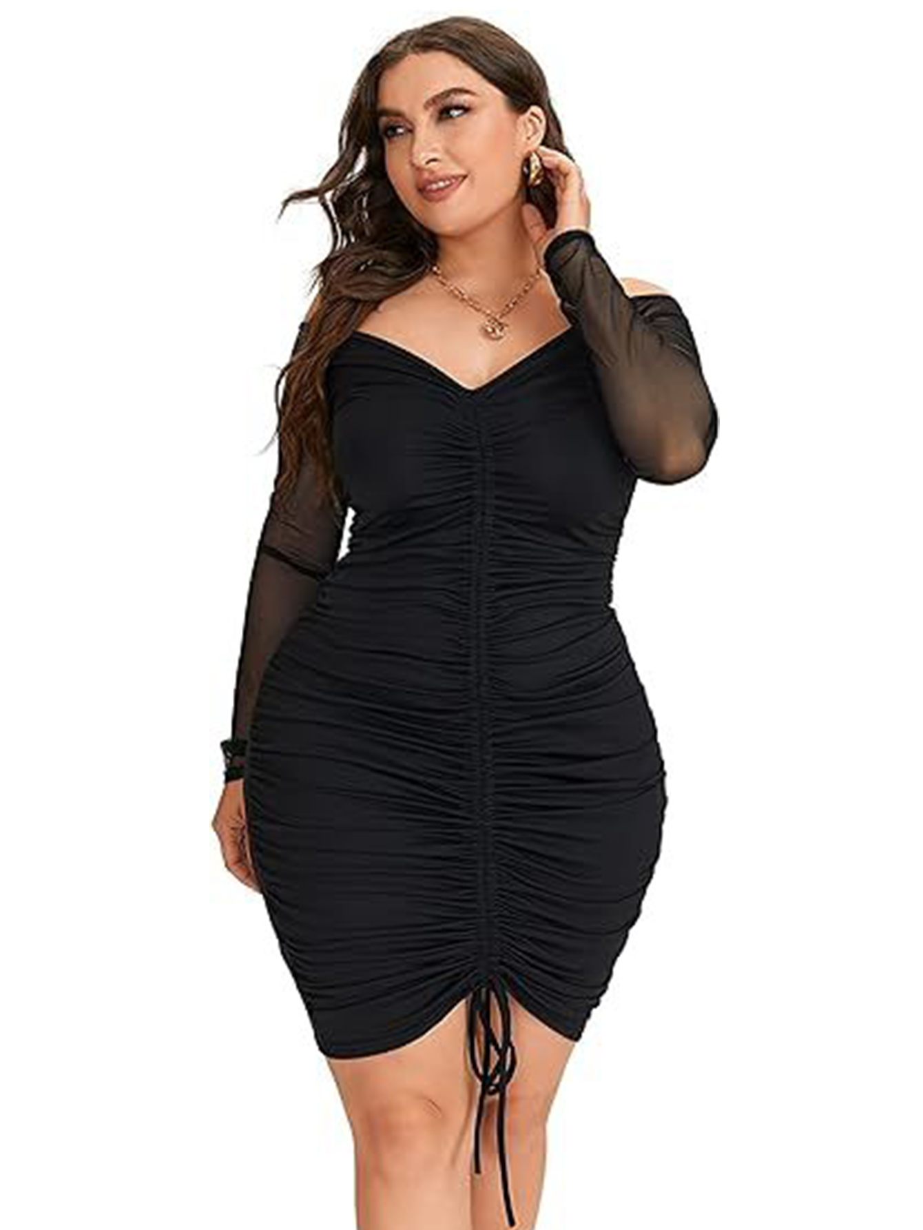 Women's Plus Size Sexy Dress, Off Shoulder Ruched Bodycon Mesh Long Sleeve Party Cocktail Dresses