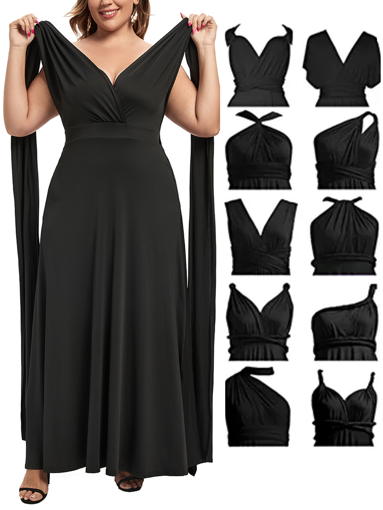 Plus Size Black Maxi Dress, Multi Way Wrap Evening Dress Multi-way Wear