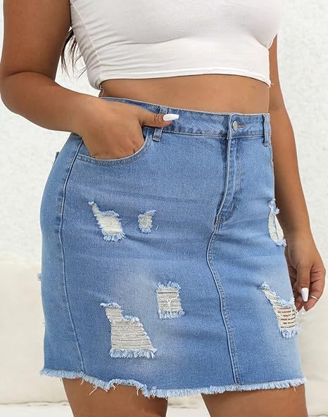 Women Plus Size Distressed Jean Short Denim Skirt, Raw Hem Casual Bodycon