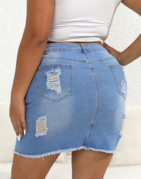 Women Plus Size Distressed Jean Short Denim Skirt, Raw Hem Casual Bodycon