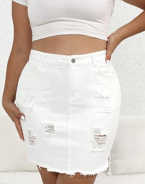 Women Plus Size Distressed Jean Short Denim Skirt, Raw Hem Casual Bodycon