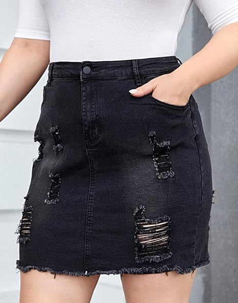 Women Plus Size Distressed Jean Short Denim Skirt, Raw Hem Casual Bodycon