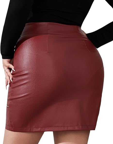 Women’s Plus Size Zipper PU Faux Leather Skirt Short High Waist Mini Bodycon