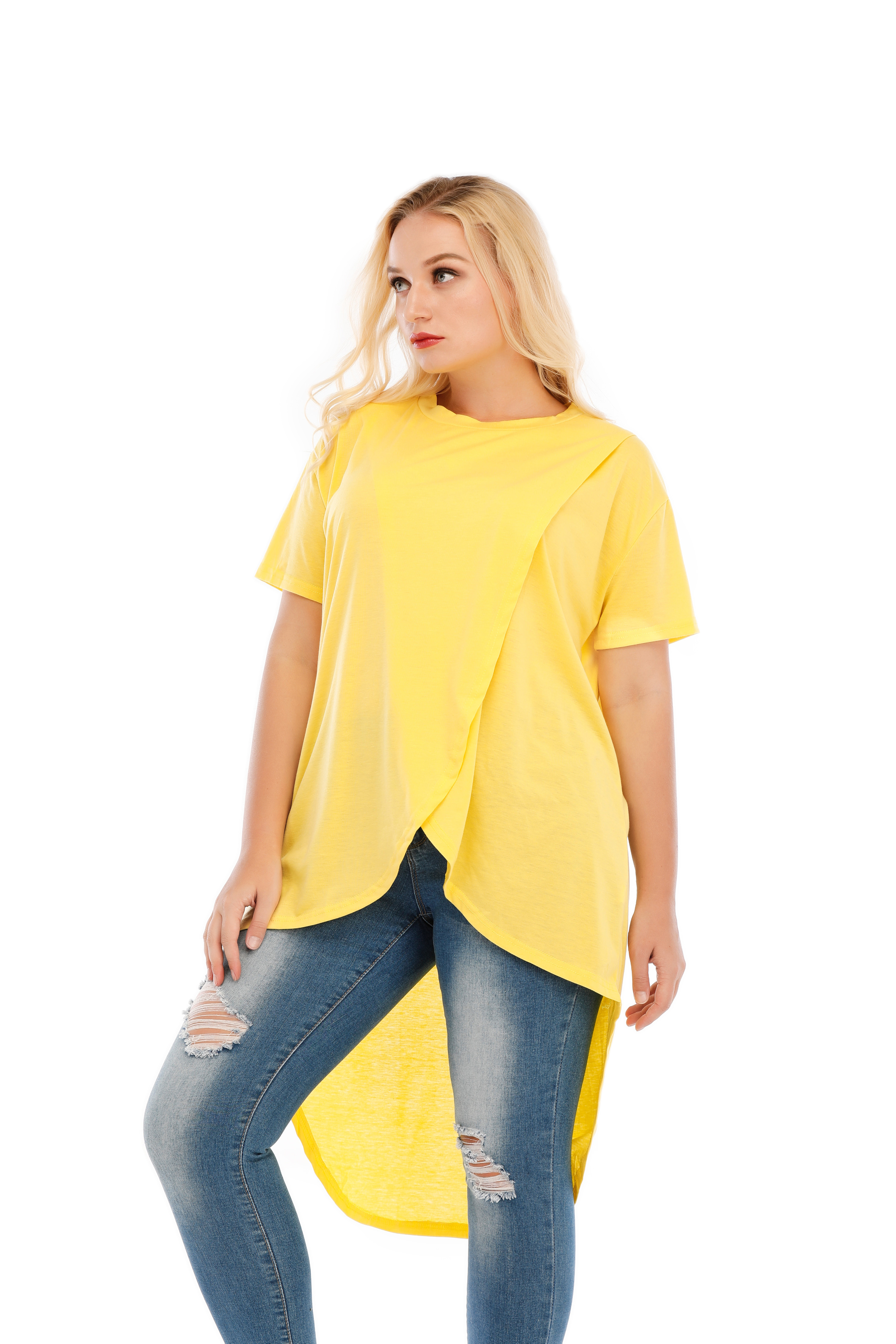 Damen Volltonfarbe UnregelmäßIger Pullover Rundhalsausschnitt Schlank Kurzarm T-Shirt Top