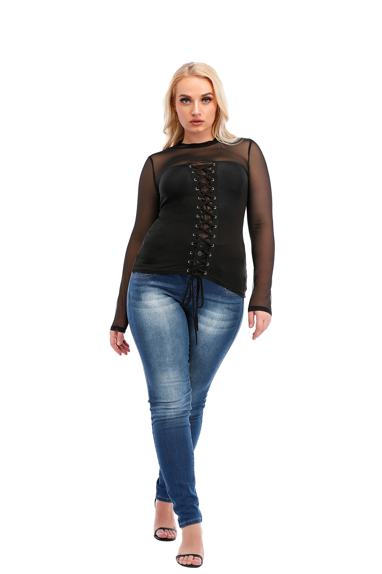 PLUS SIZE Women Mesh Tops See Through Shirts Long Sleeve Bodycon Sheer Blouse Clubwear