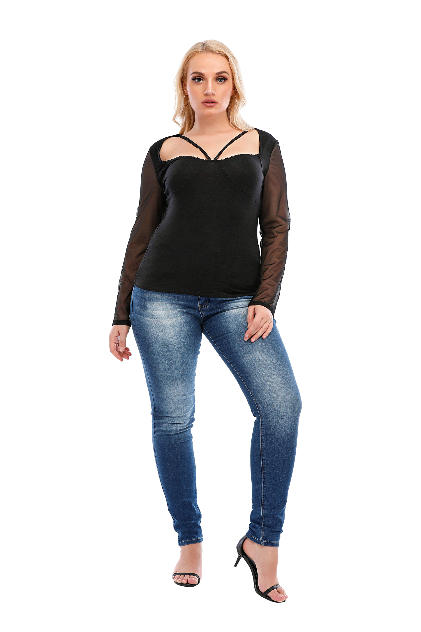 PLUS SIZE WOMEN Mesh Tops See Through Shirts Long Sleeve Bodycon Sheer Blouse Clubwear