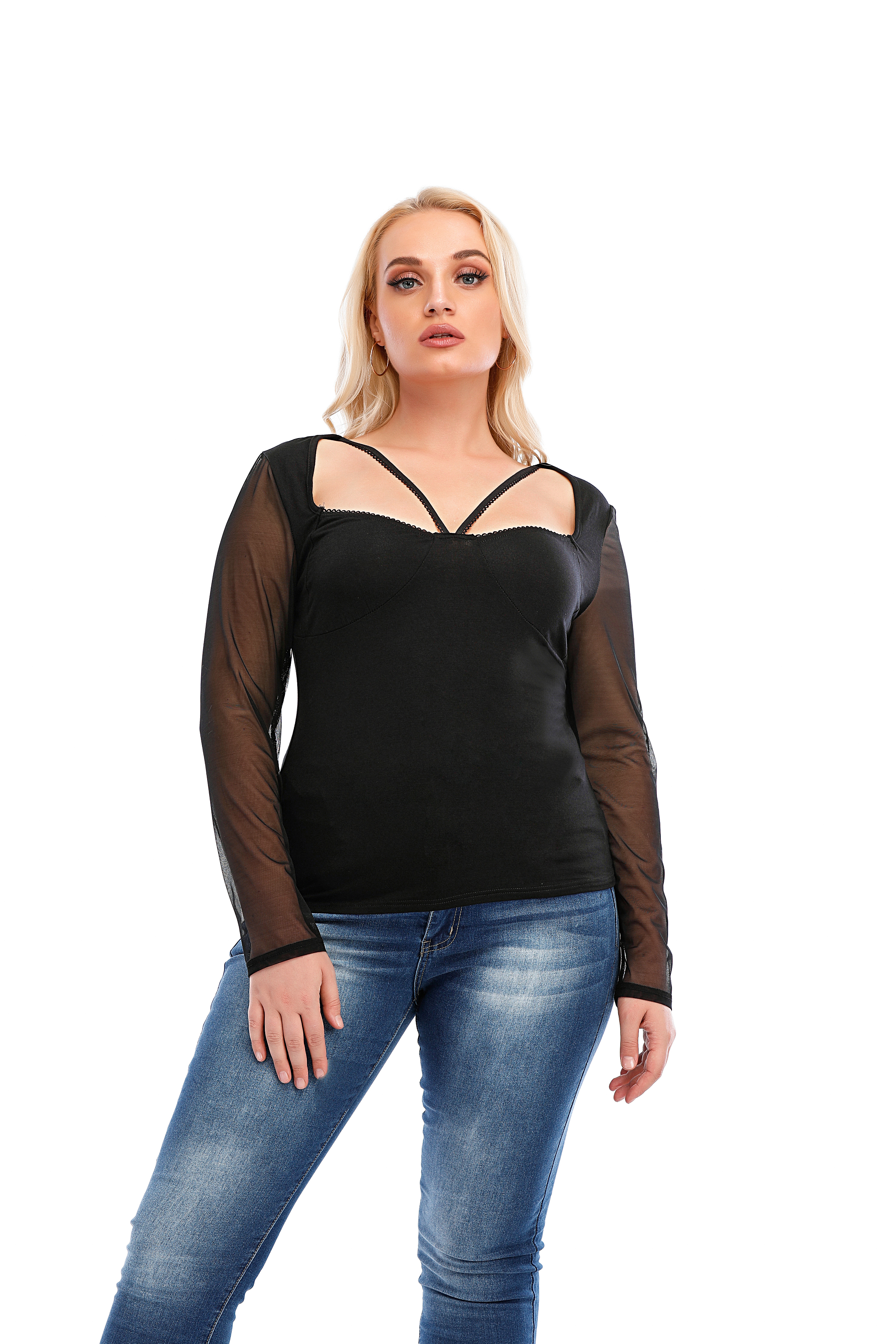 PLUS SIZMesh Tops See Through Shirts Long Sleeve Bodycon Sheer Blouse 
