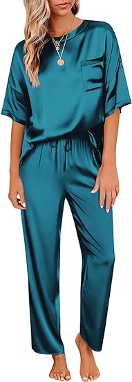 Aringap Womens Satin Silky Pajama Set Short Sleeve Shirt with Long Pajama Pant Set Soft PJ Loungewear