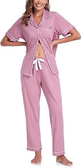 Aringap Women's 100% Cotton Pajama Set Summer Button Down Short Sleeve