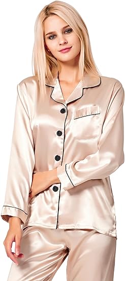 Aringap Womens Silk Satin Pajamas Loungewear Two-piece Sleepwear Button-Down Pj Set