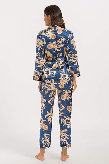 Aringap Women's Silk Satin Pajamas Set 3 Pcs Floral Silky Pj Sets Sleepwear Cami Nightwear with Robe and Pant